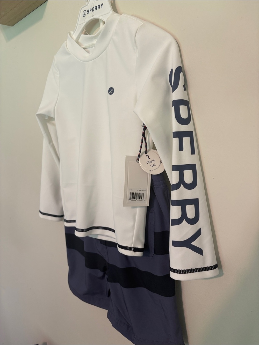 Sperry Boys size 4 Long-Sleeve Navy & White Striped Swim suit set